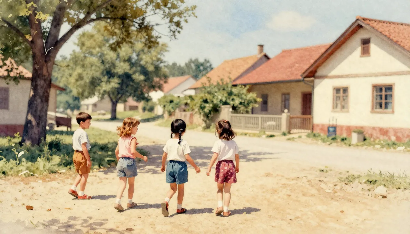 Vibrant watercolor style. Vintage photo of children playing ...