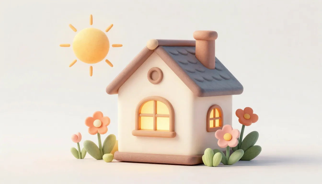 Watercolor style. A cozy stylized house with a warm glowing ...