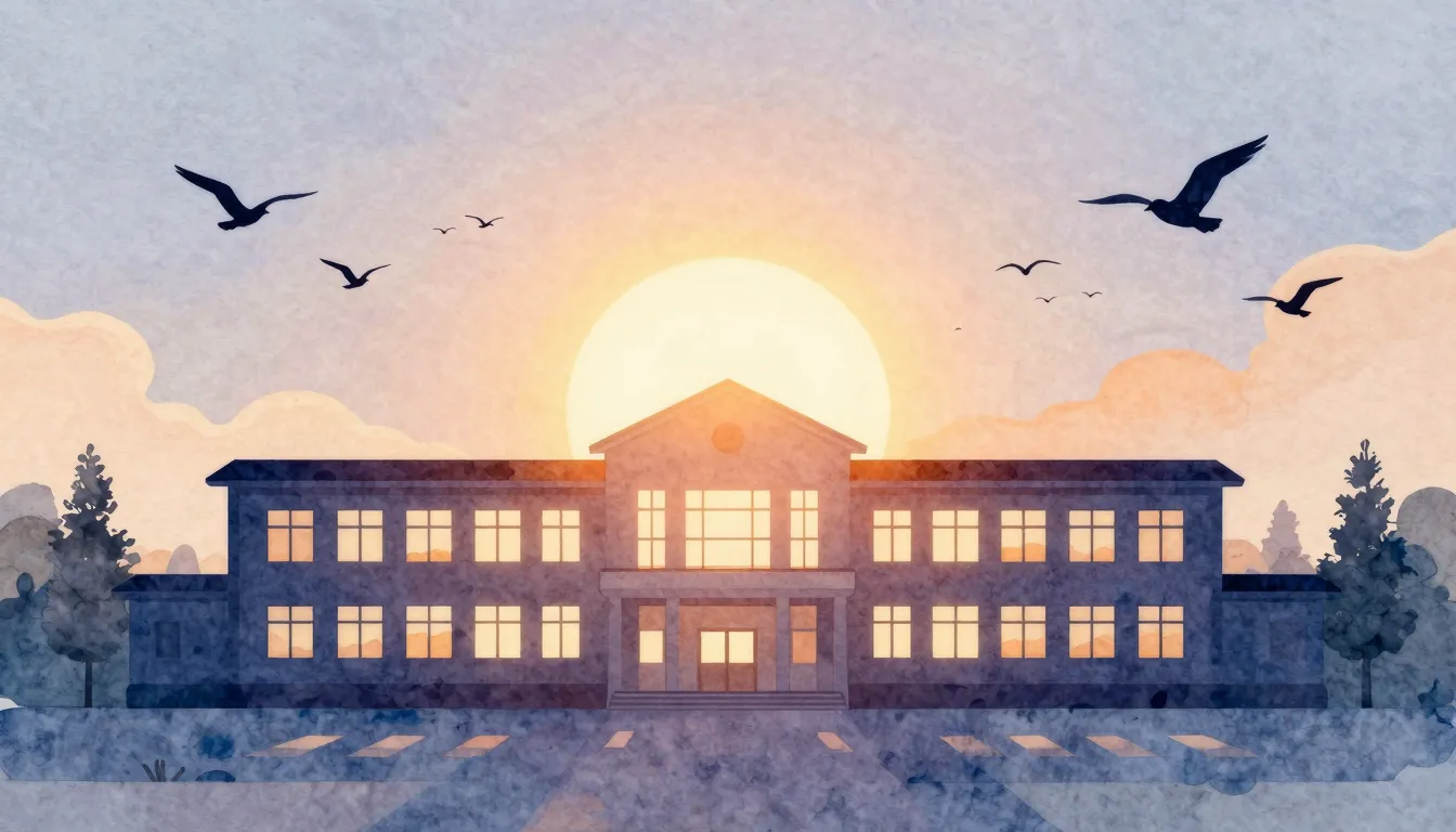 Watercolor style. A bright sun rising over a school building...