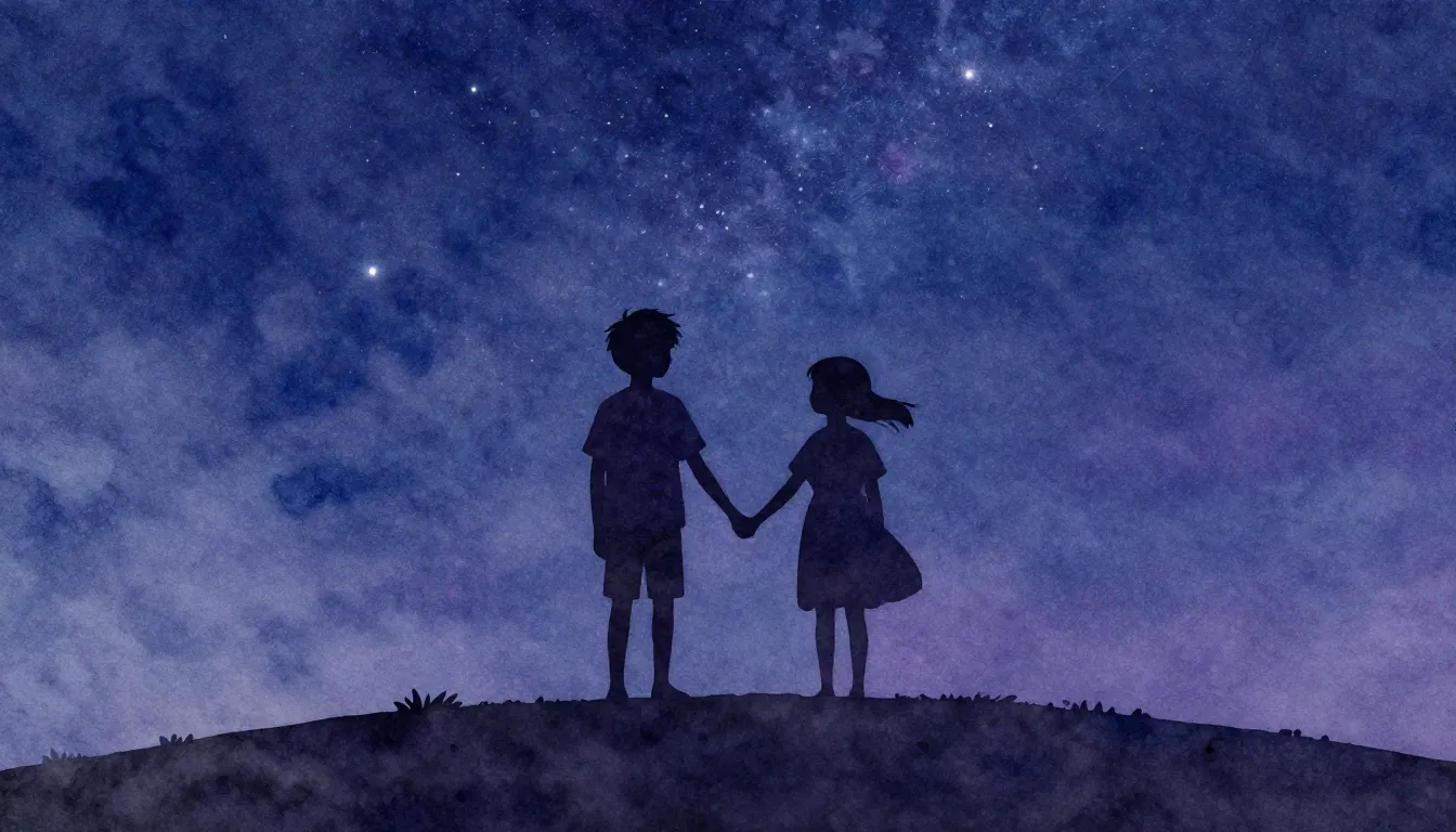 Watercolor style. Two silhouettes of a boy and a girl standi...