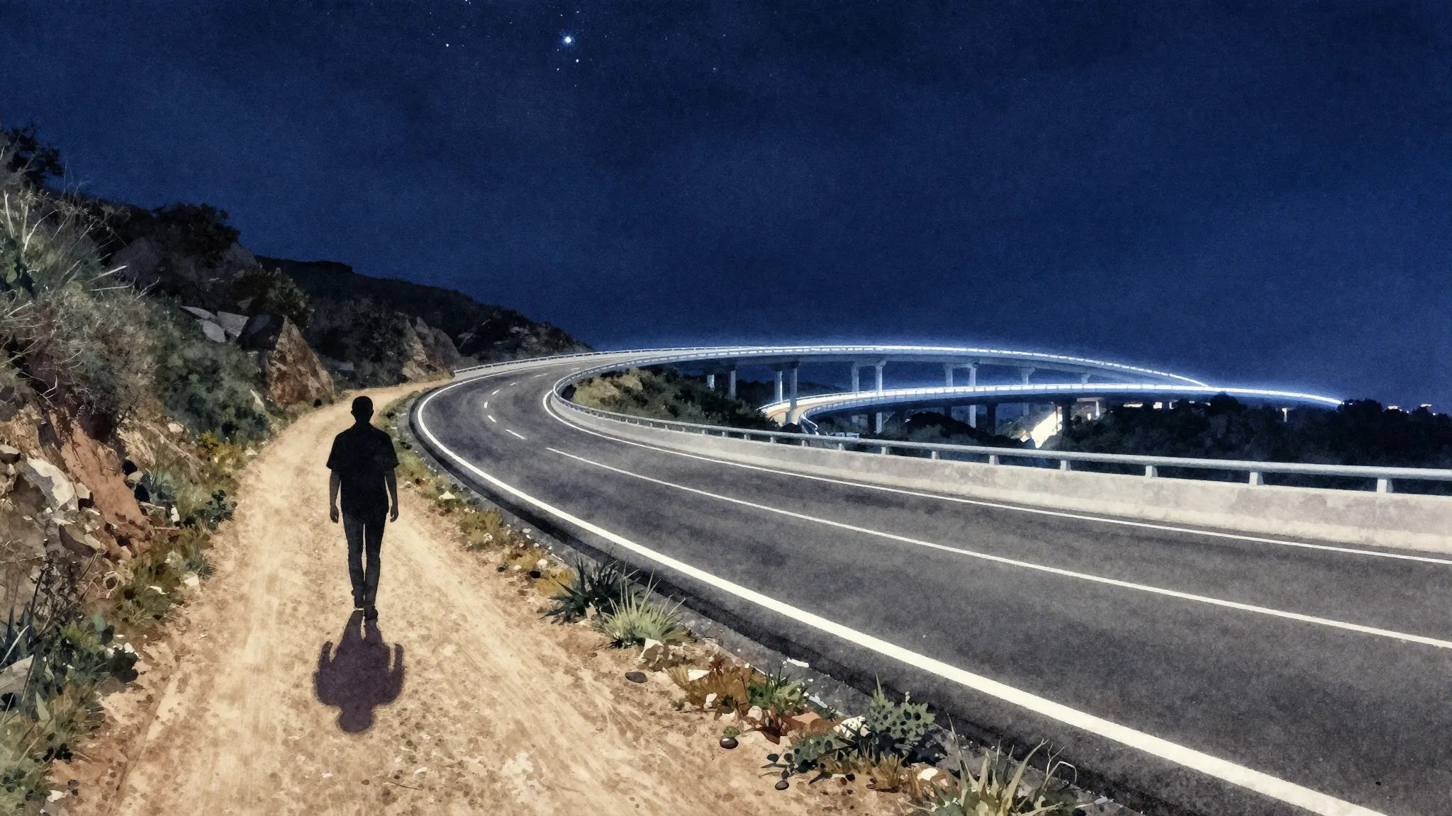 Watercolor style. A winding road transitioning from a dirt p...