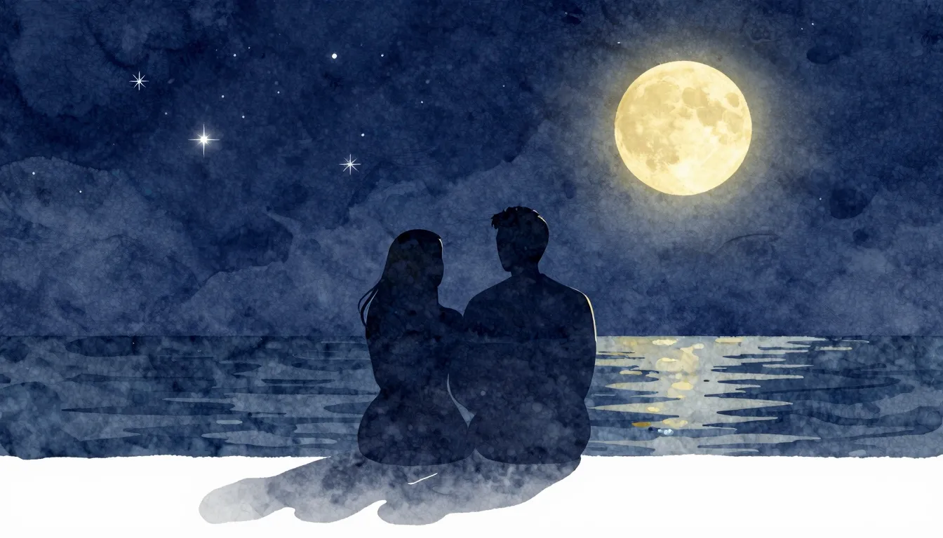 Watercolor style. Silhouette of a couple sitting together un...