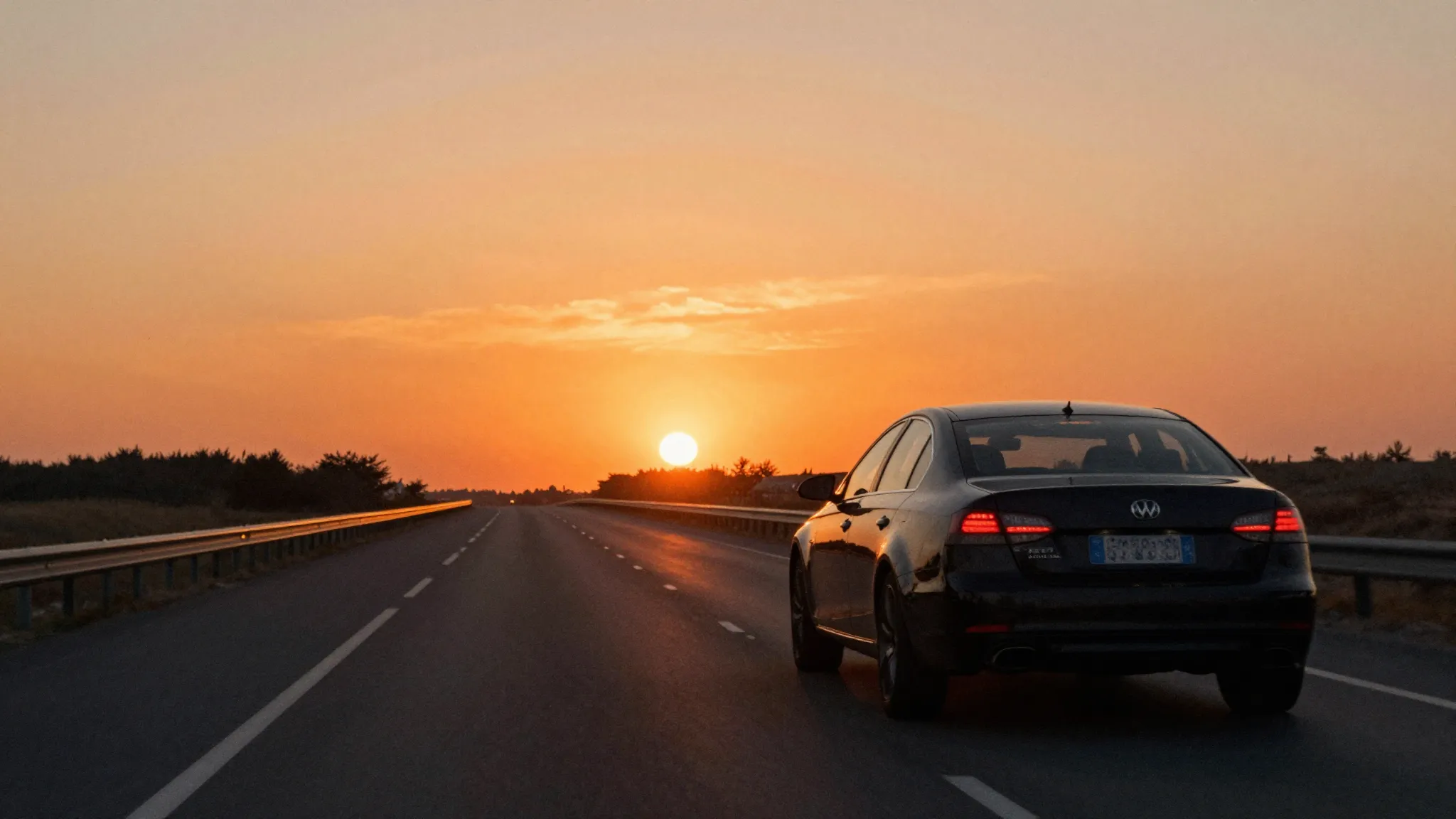 Watercolor style. A dark silhouette of a car driving towards...