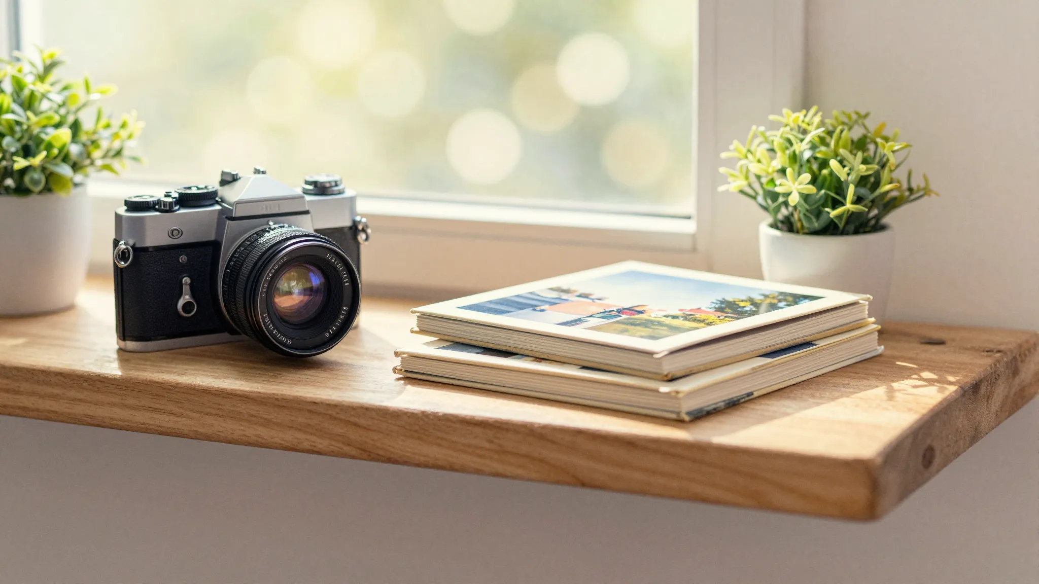 Watercolor style. A cozy wooden shelf with a vintage camera,...