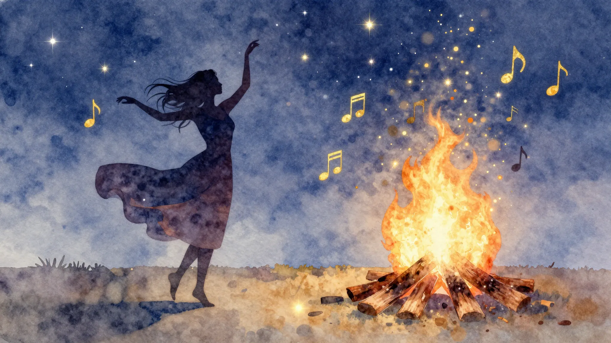 Watercolor style. A silhouette of a woman in a flowing dress...