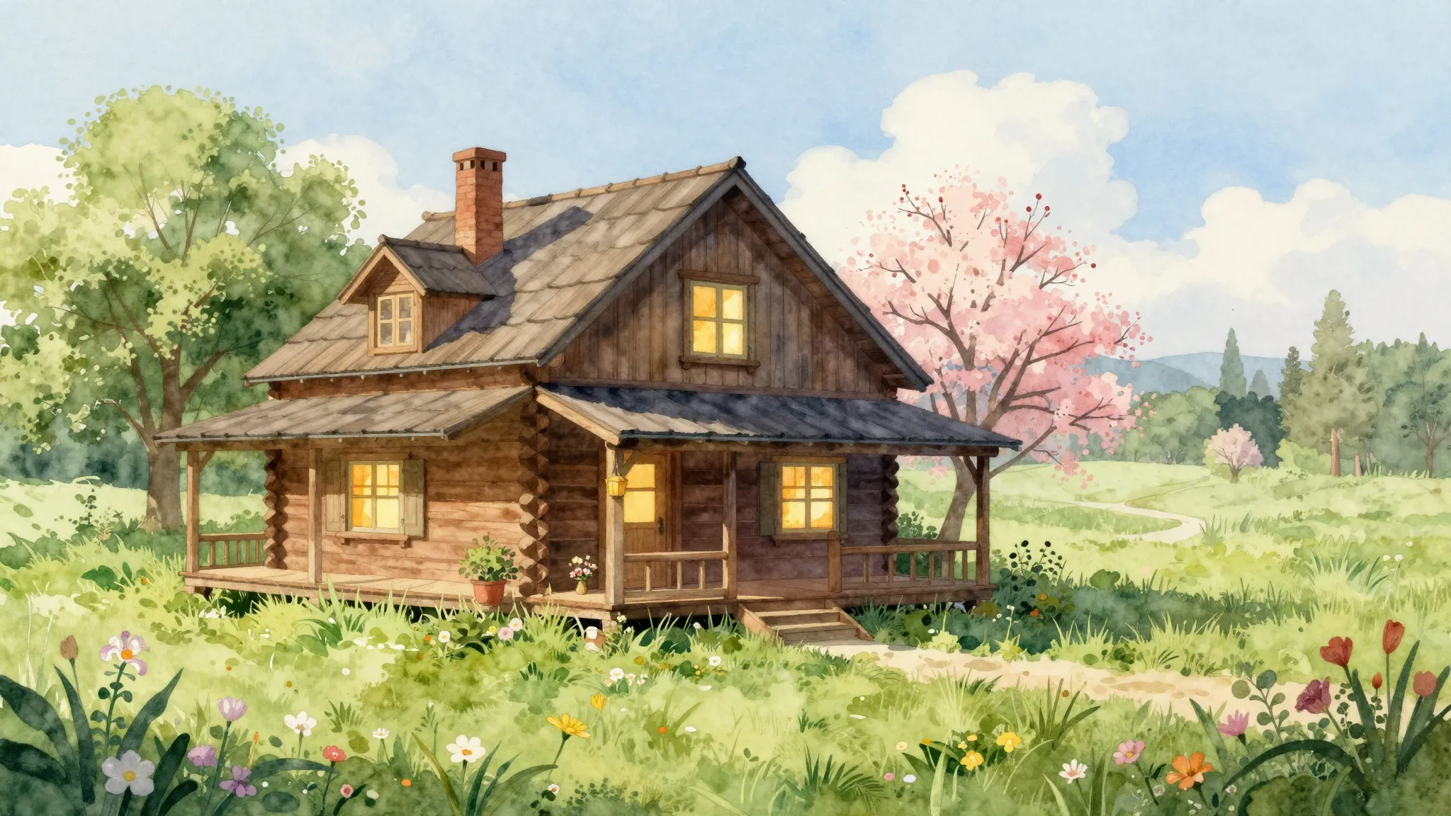 Watercolor style. A charming wooden country house surrounded...