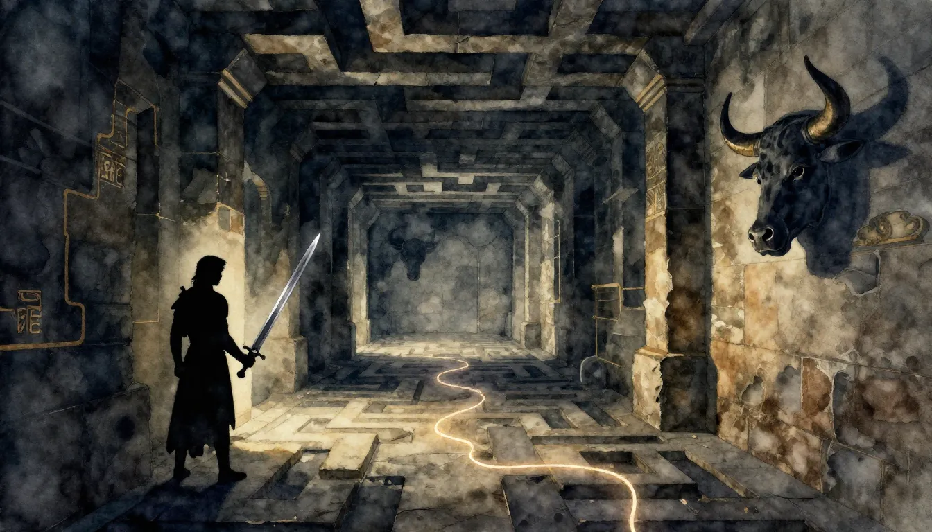 Watercolor style. Dark labyrinth corridors, stone walls, a f...