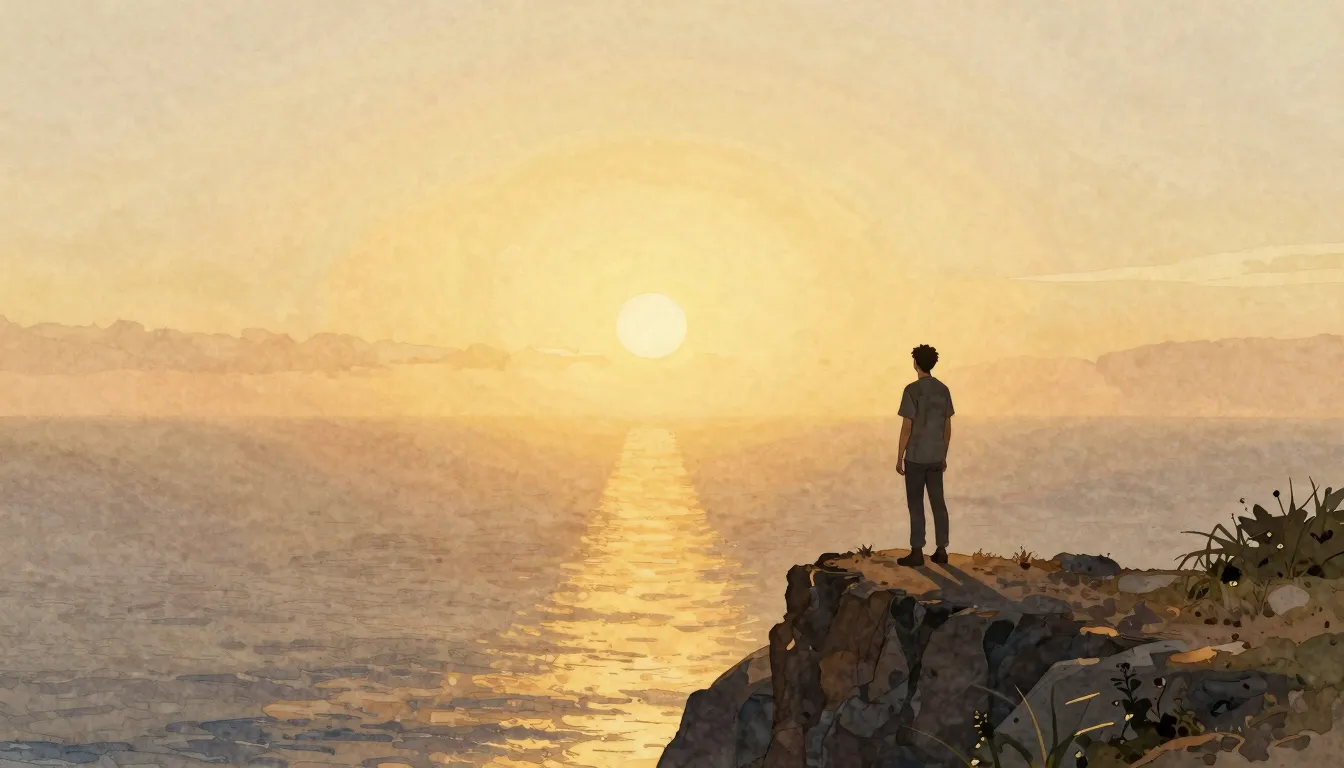 Watercolor style. A silhouette of a person standing on a cli...