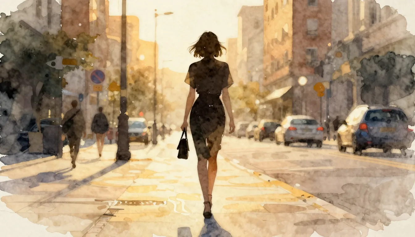 Watercolor style. Silhouette of an elegant woman walking dow...
