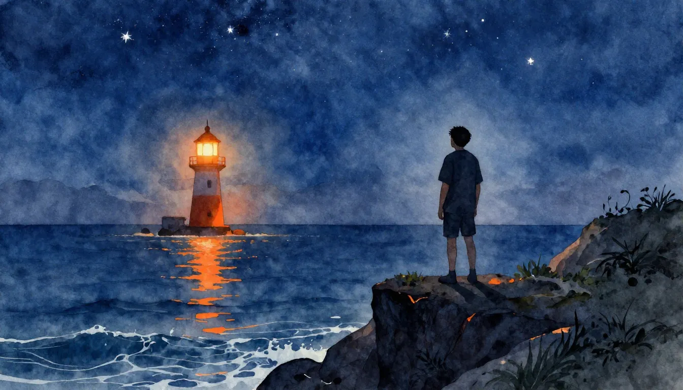 Watercolor style. A lone silhouette of a man standing on a c...