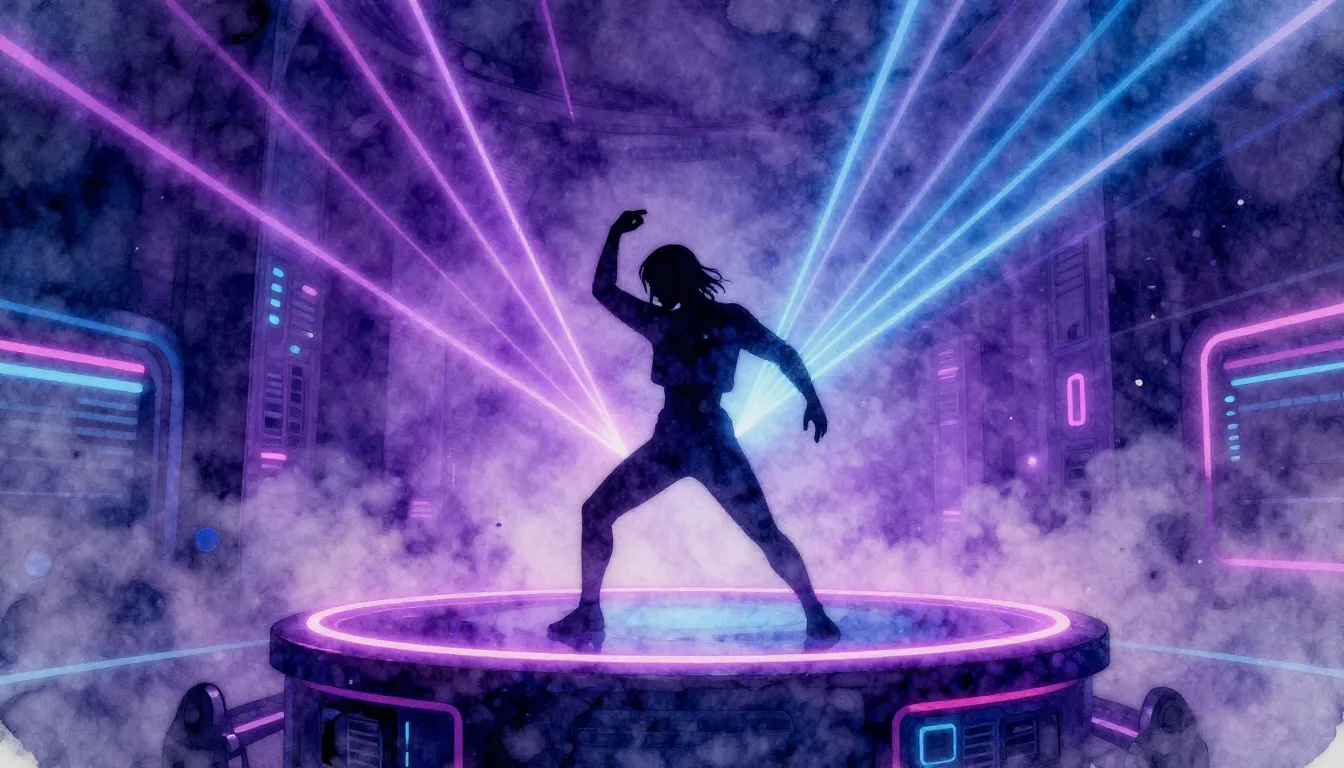 Watercolor style. A dark silhouette of a lonely dancer on a ...