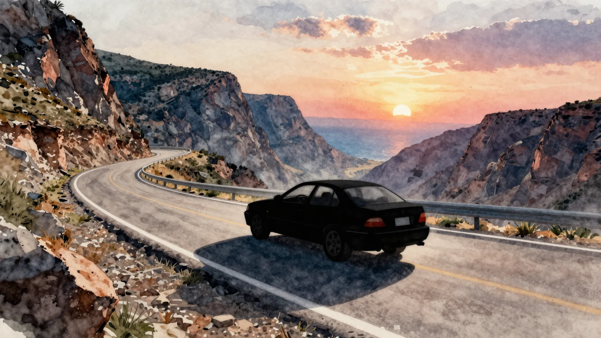 Watercolor style. Silhouette of a car driving fast on a wind...