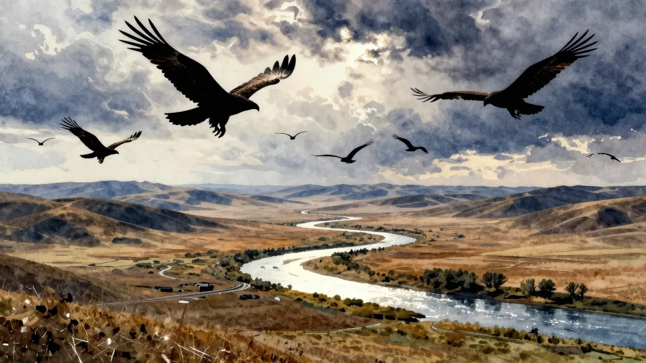Watercolor style. A dramatic landscape of endless steppe wit...