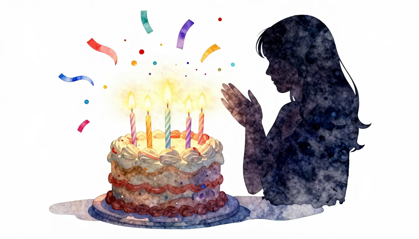 Watercolor style. A festive birthday cake with glowing candl...