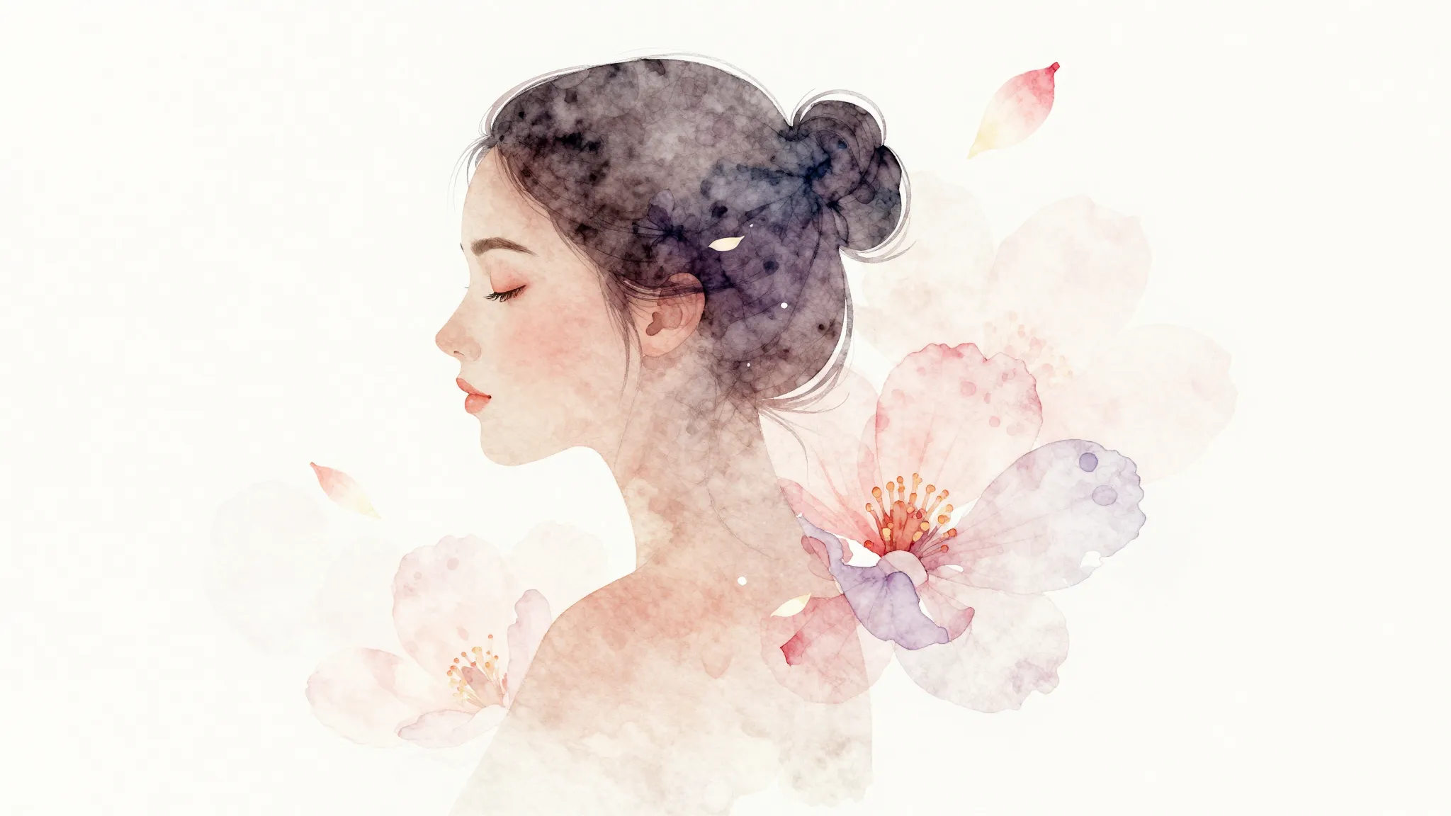 Watercolor style. A graceful silhouette of a woman surrounde...