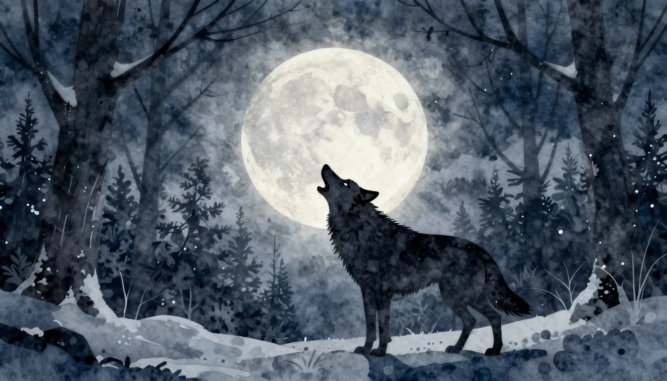 Watercolor style. Minimalist silhouette of a wolf howling at...