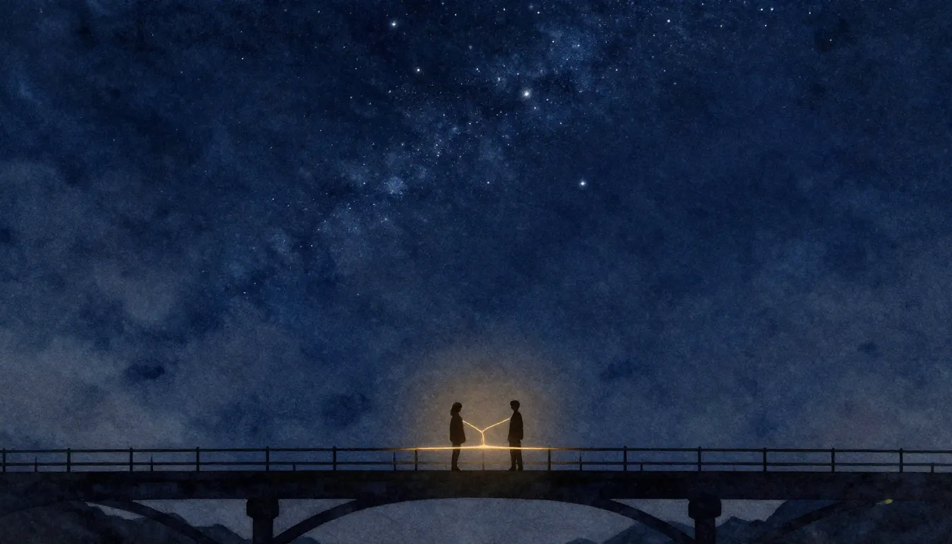 Watercolor style. A silhouette of two figures standing on a ...