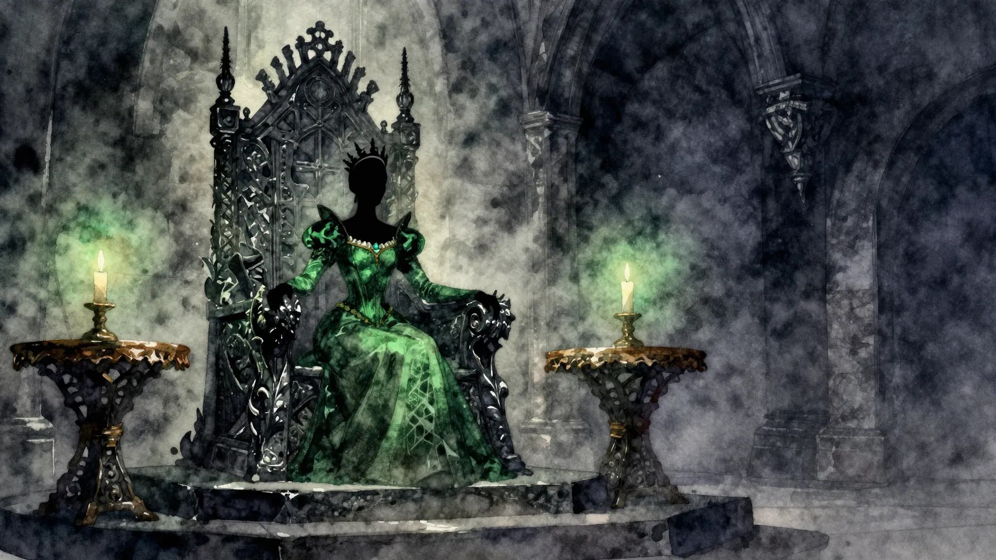 Watercolor style. A majestic medieval throne room, dark and ...