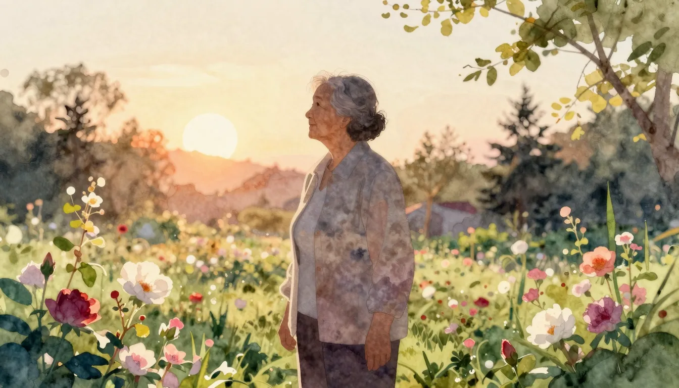 Watercolor style. A silhouette of an elderly woman stands in...