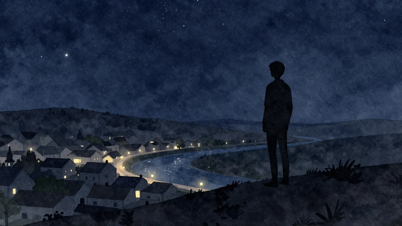 Watercolor style. A dark silhouette of a person standing on ...