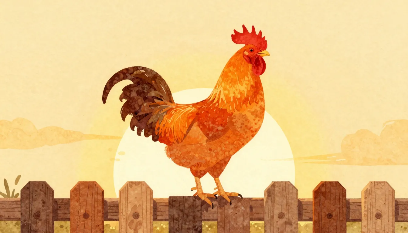 Watercolor style. Silhouette of a rooster on a wooden fence ...