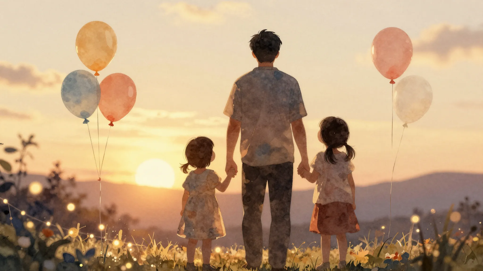 Watercolor style. A warm, cozy family scene with silhouettes...