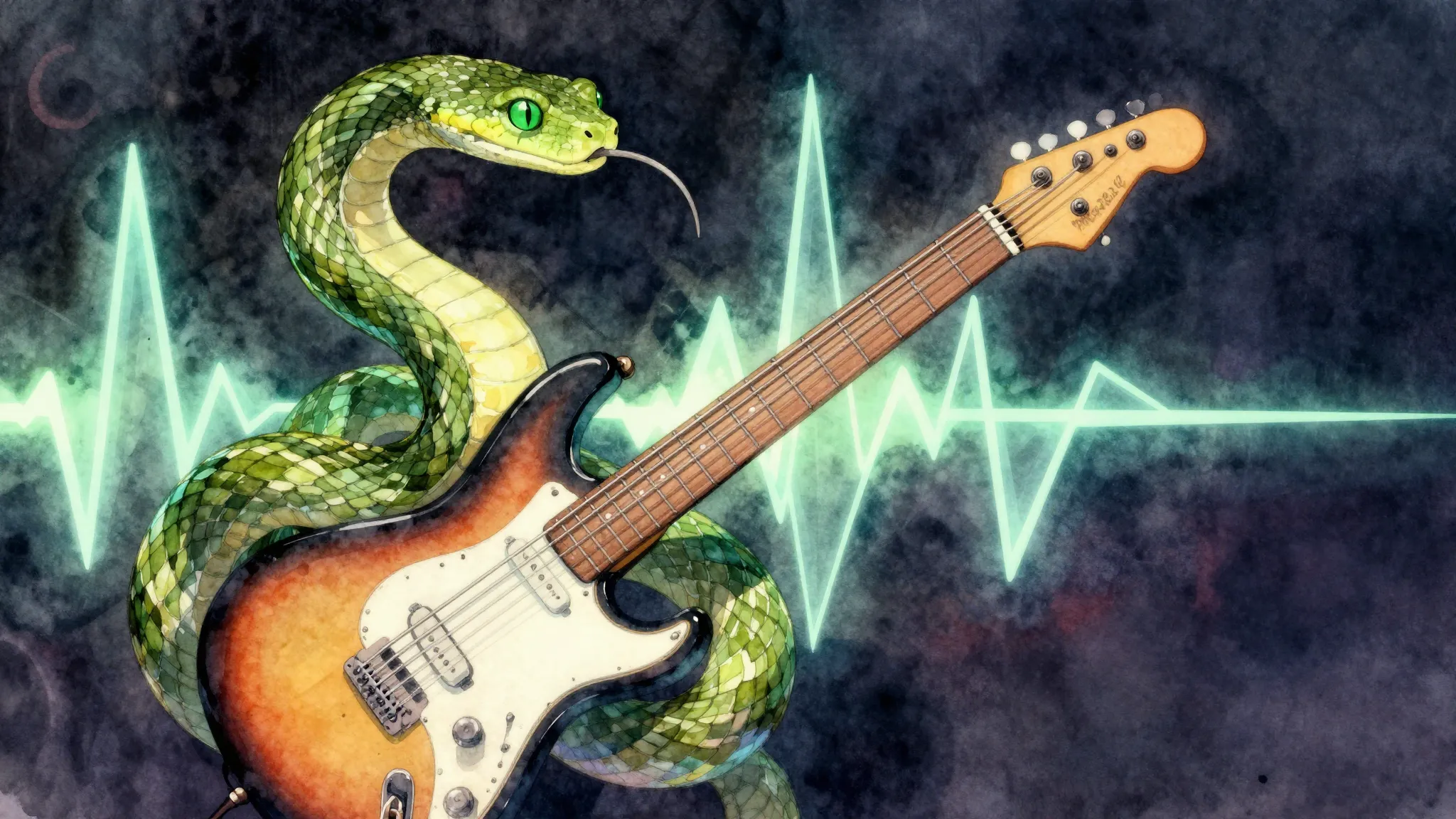 Vibrant watercolor style. A green-eyed serpent coiled around...