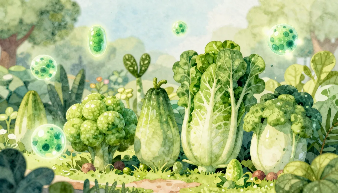Watercolor style. A vibrant green garden with oversized, hea...