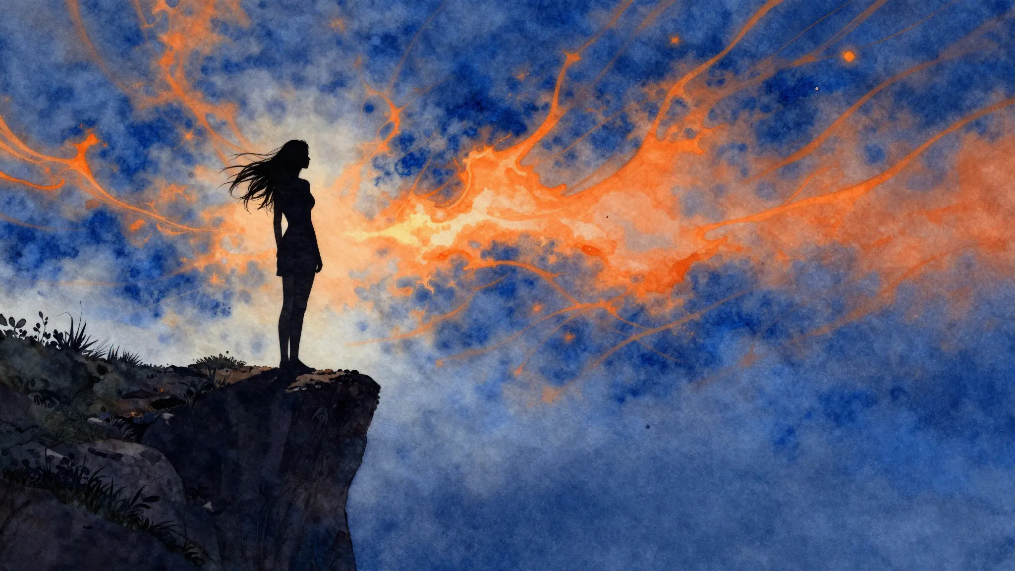 Watercolor style. Silhouette of a woman standing on a high c...