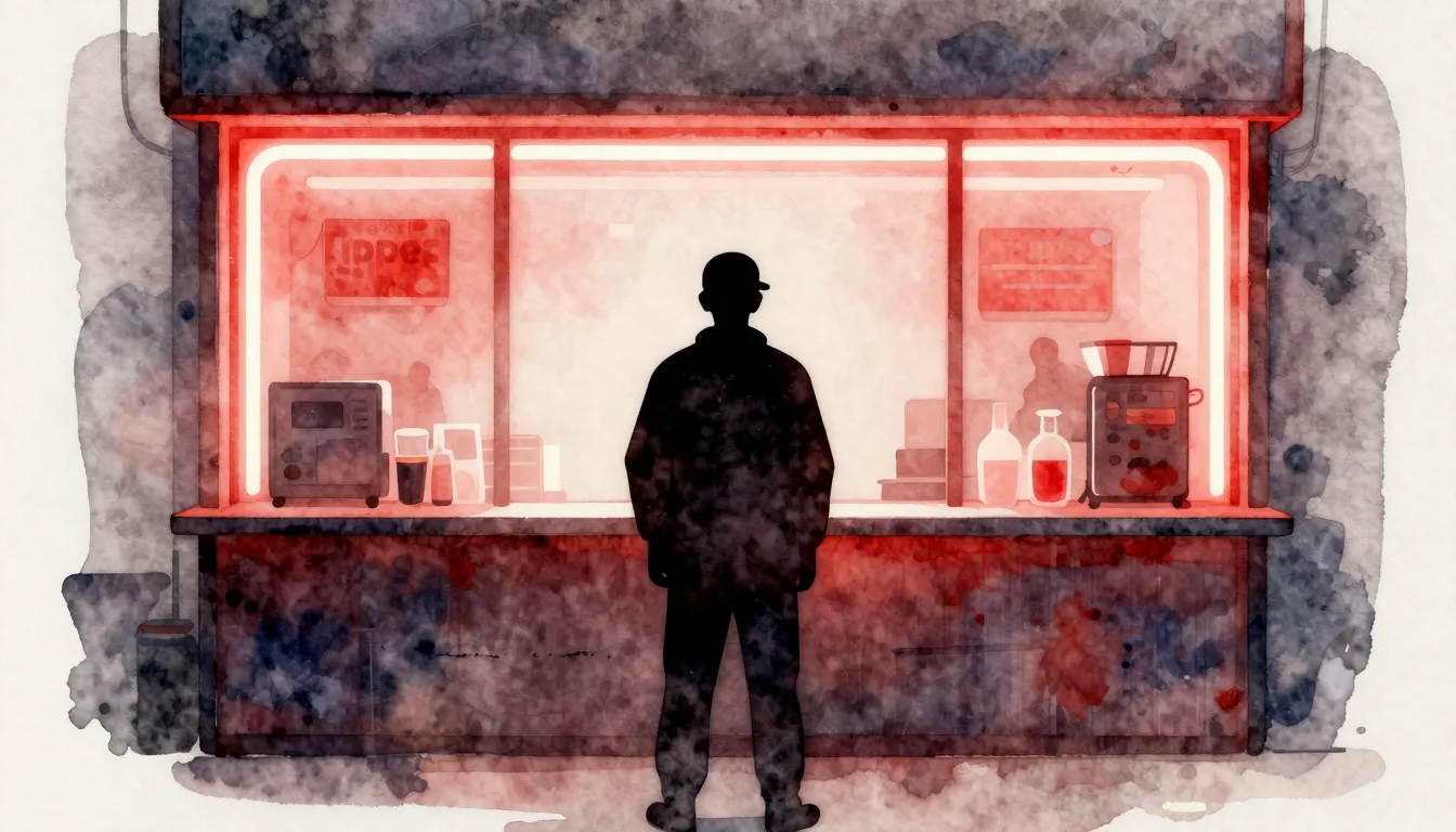 Watercolor style. A silhouette of a lonely worker standing b...