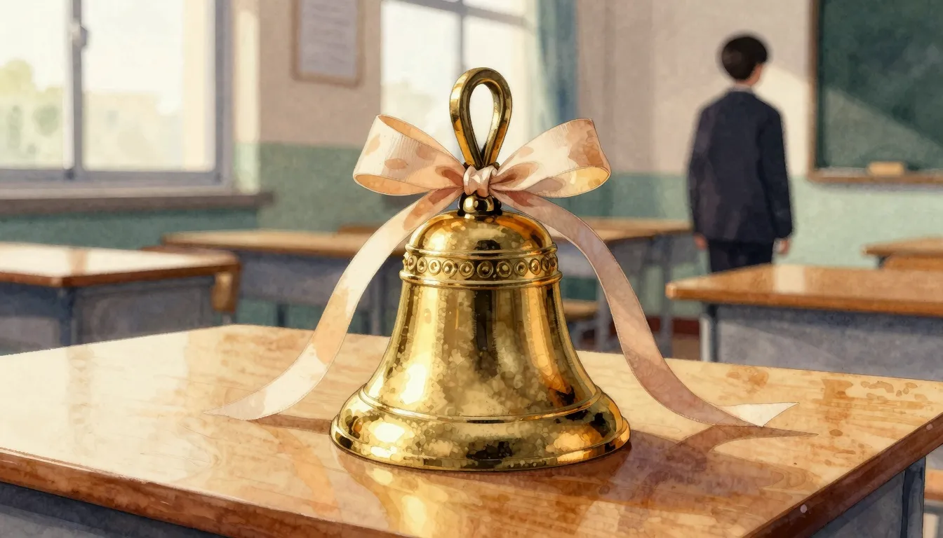Watercolor style. A golden school bell with a silk ribbon on...