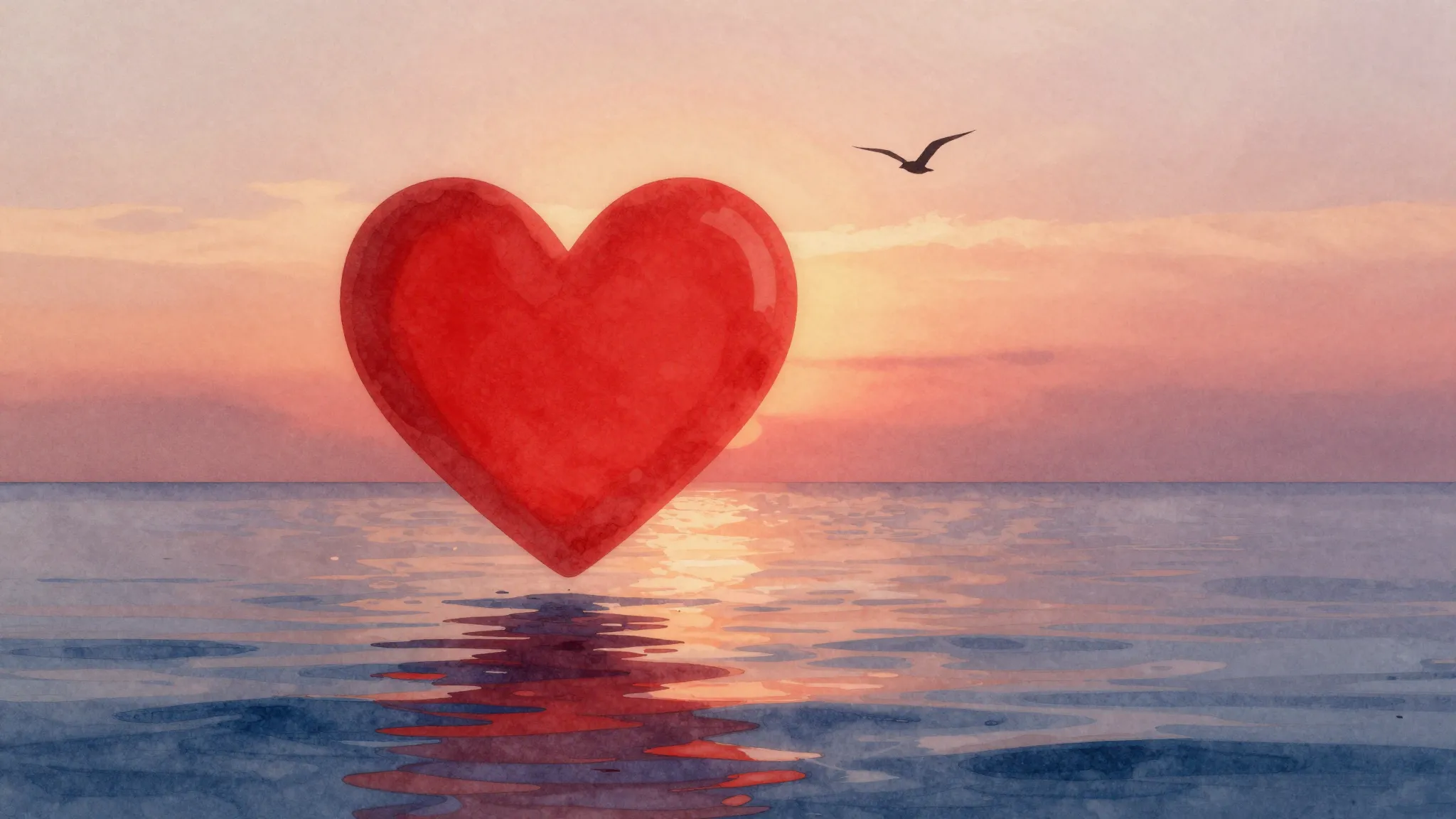Watercolor style. A glowing red heart floating above a calm ...