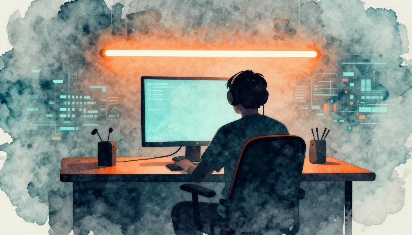 Watercolor style. A stylized silhouette of a gamer sitting i...