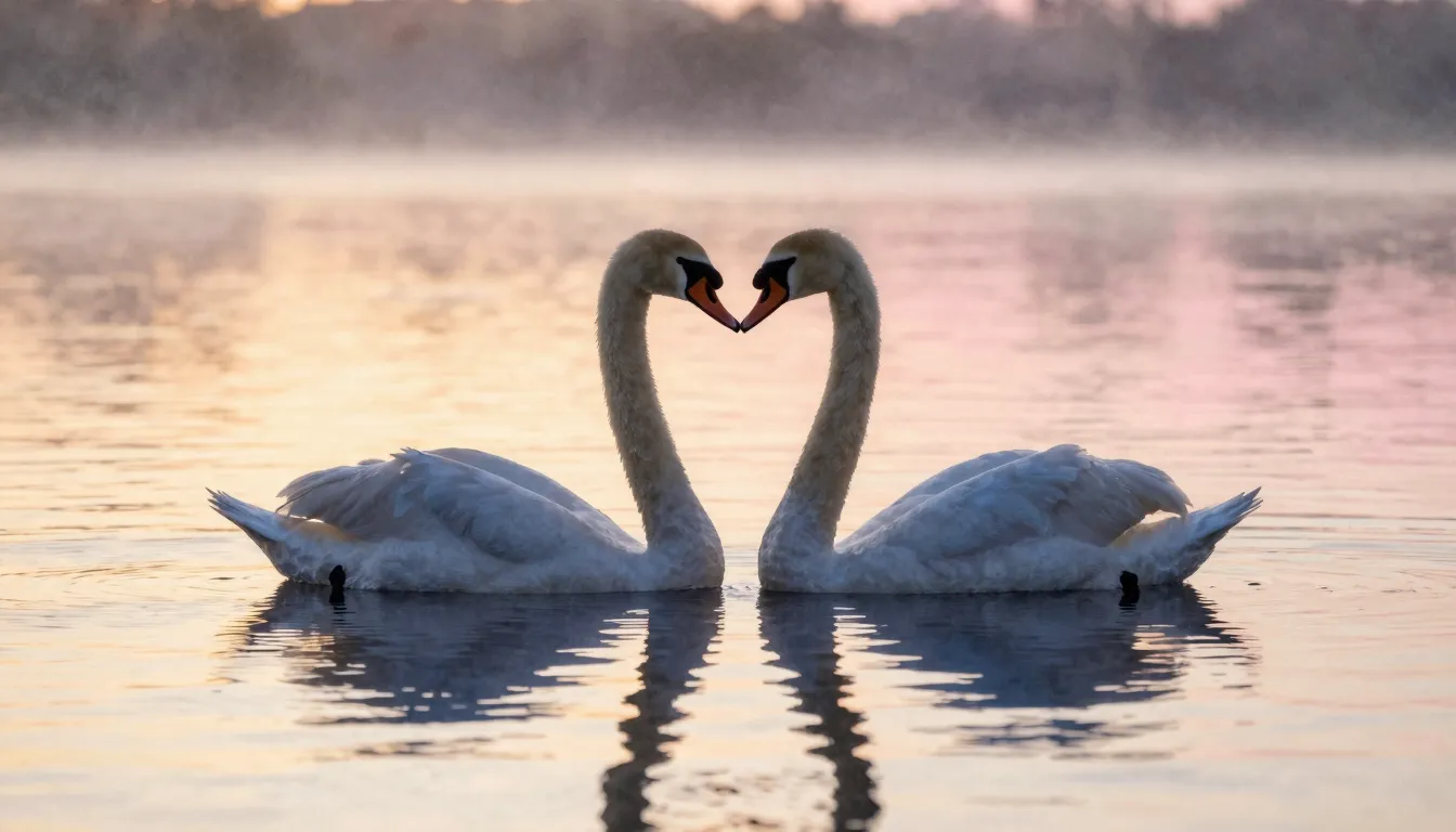 Watercolor style. A silhouette of two swans on a calm lake a...
