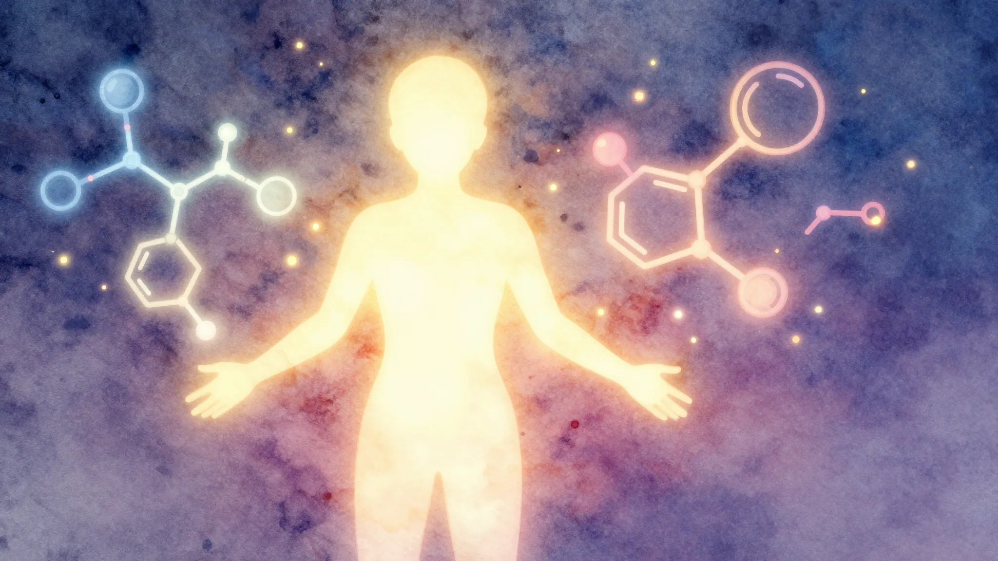 Watercolor style. A glowing silhouette of a person surrounde...