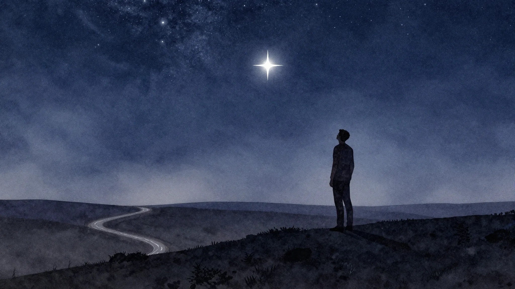 Watercolor style. A lone silhouette of a man stands on a hil...