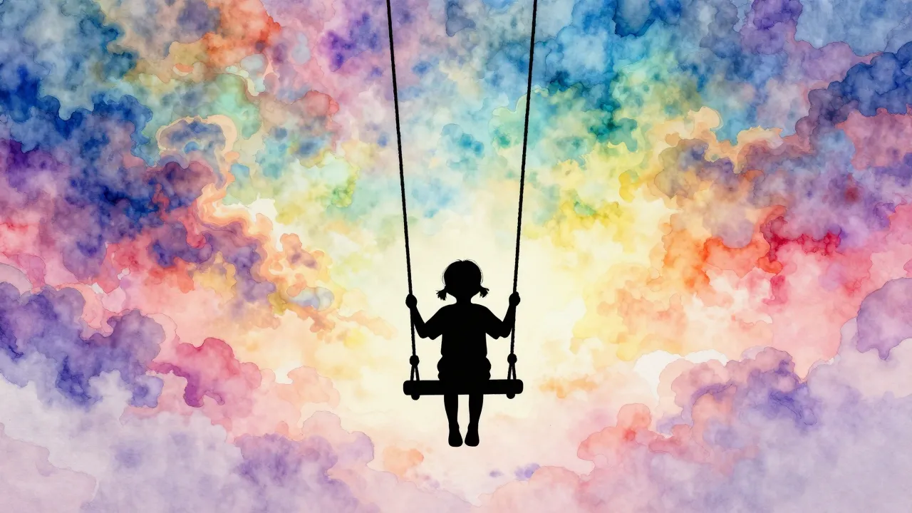 Watercolor style. A silhouette of a child sitting on a swing...
