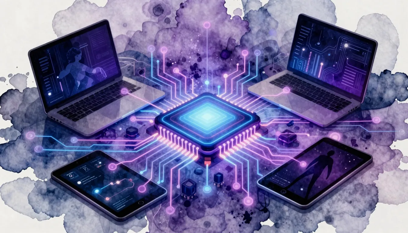 Watercolor style. Abstract glowing processor chip with futur...