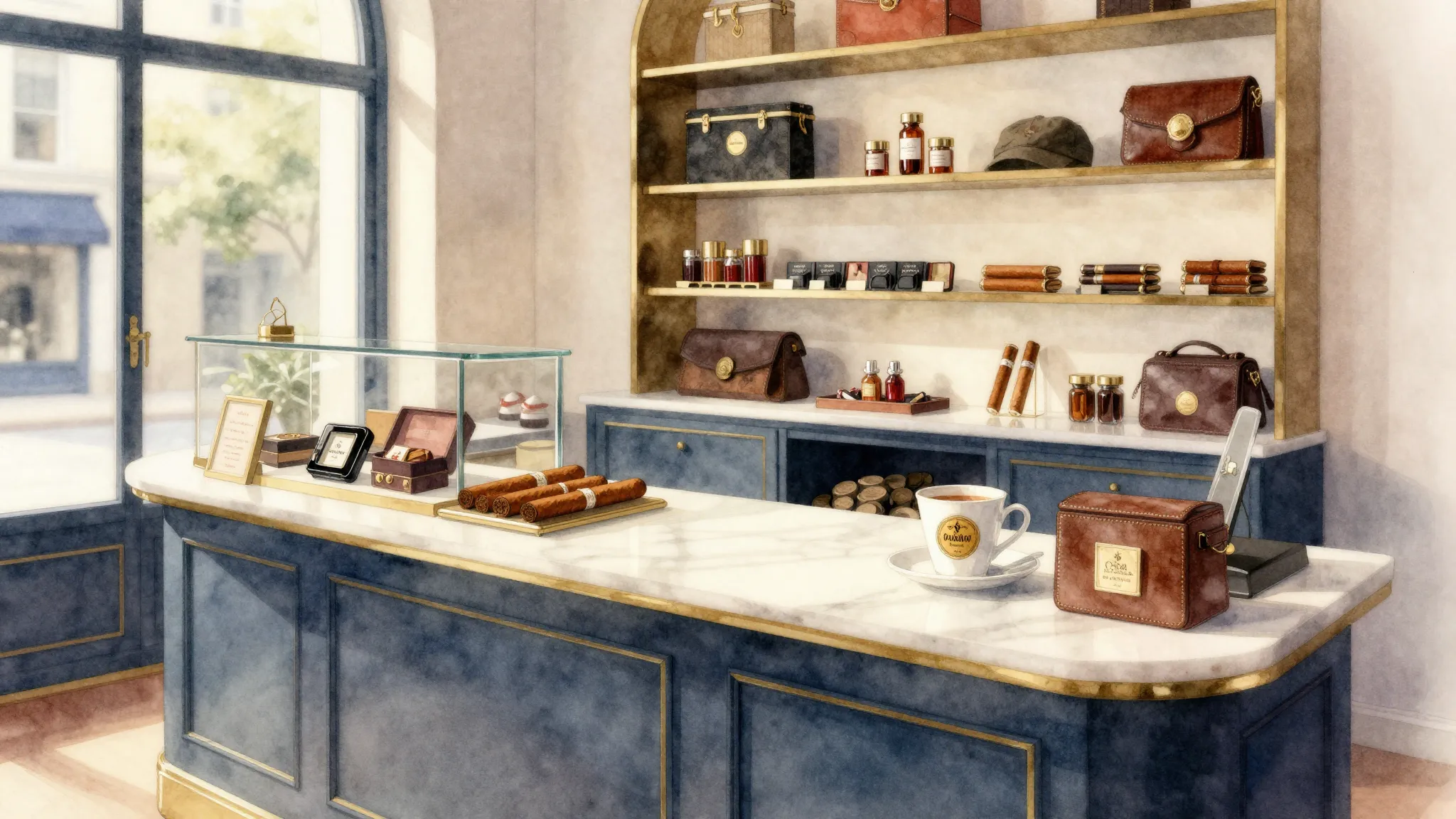 Watercolor style. A stylish counter in a boutique shop, a co...