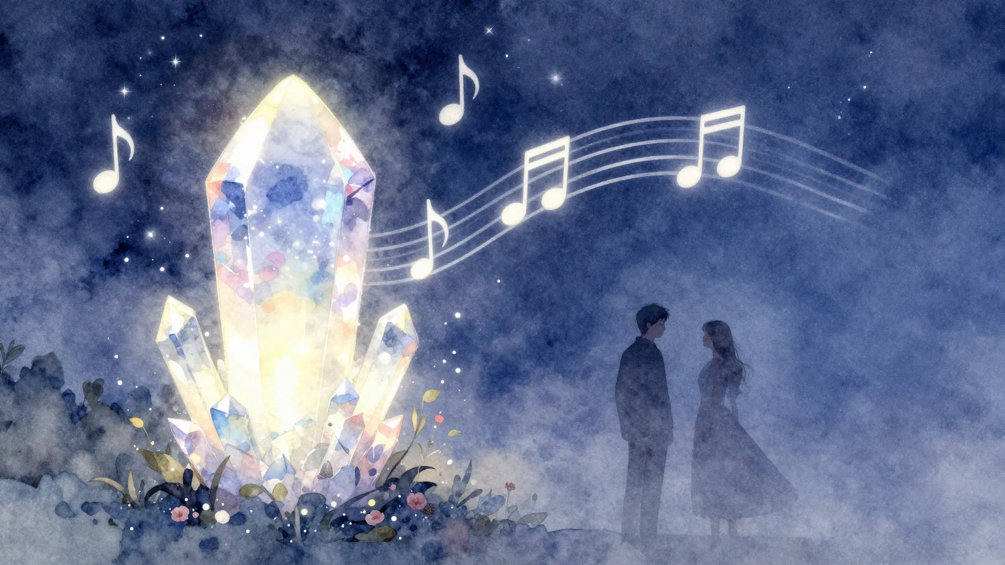 Watercolor style. A glowing crystal emitting soft light, sur...