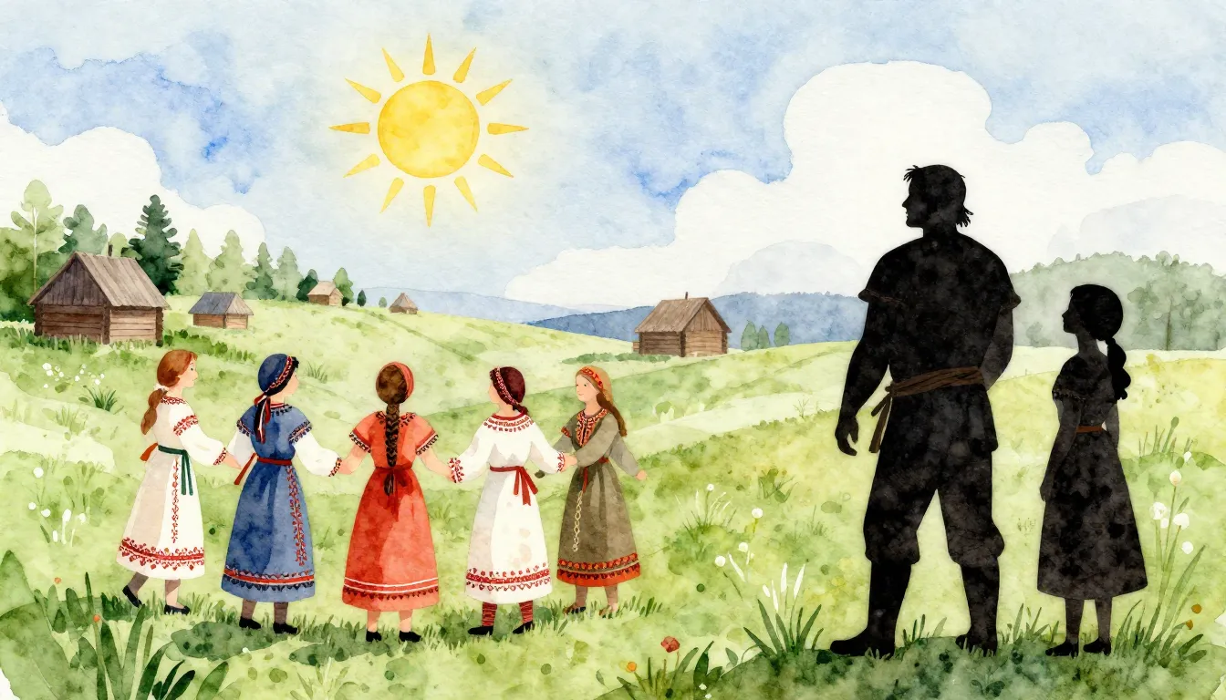 Watercolor style. Ancient Slavic village festival, spring la...