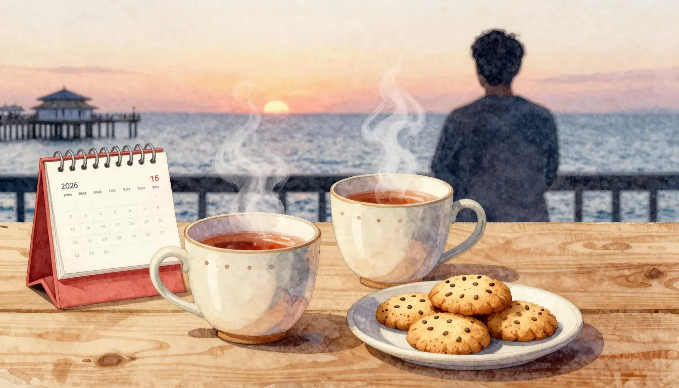 Watercolor style. A cozy wooden table with two steaming cera...