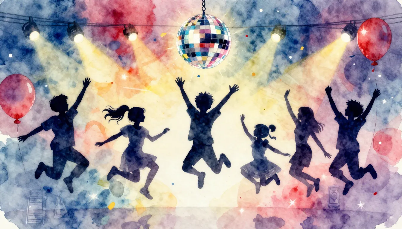 Watercolor style. Silhouettes of a group of happy children j...