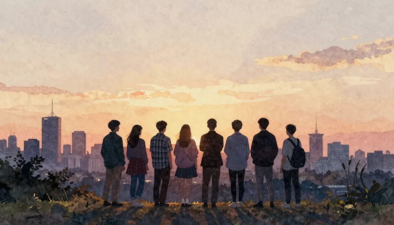 Watercolor style. A silhouette of a group of friends standin...