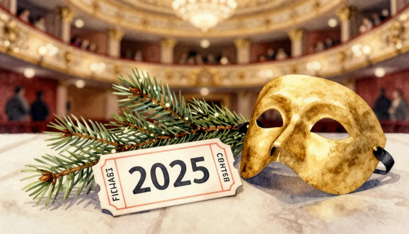 Watercolor style. Theater tickets with number 2025 on a tabl...