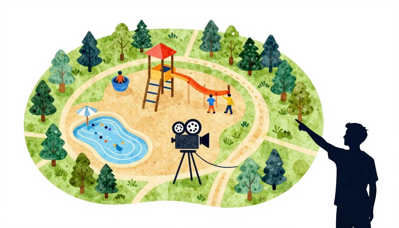 Watercolor style. A stylized map of a children's activity pa...