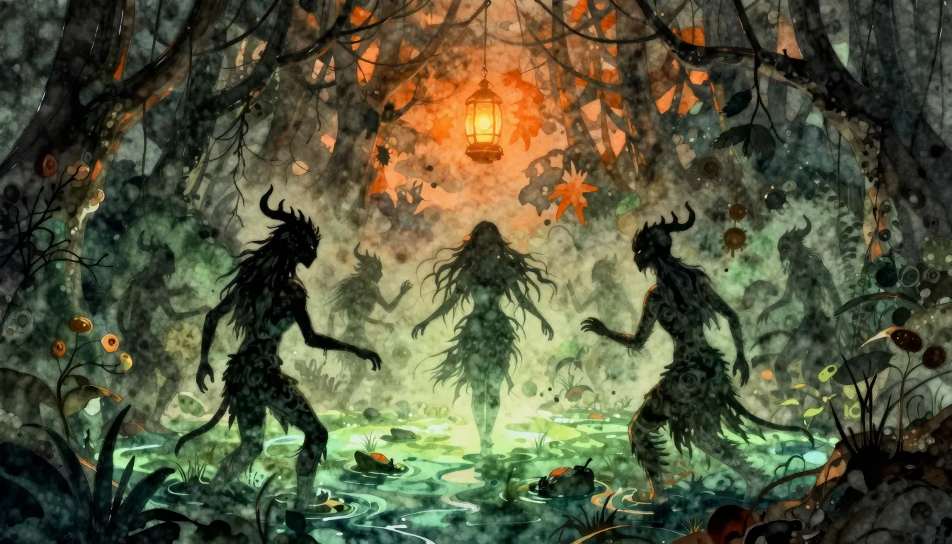 Watercolor style. Silhouettes of mythical creatures dancing ...