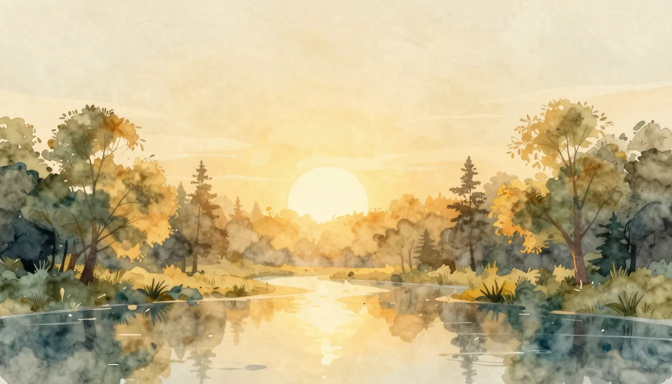 Watercolor style. A serene landscape with a glowing spark in...