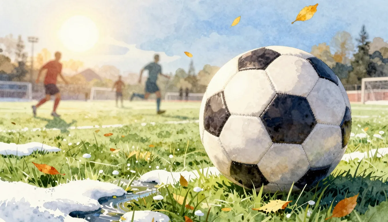 Watercolor style. A classic leather soccer ball on a field w...