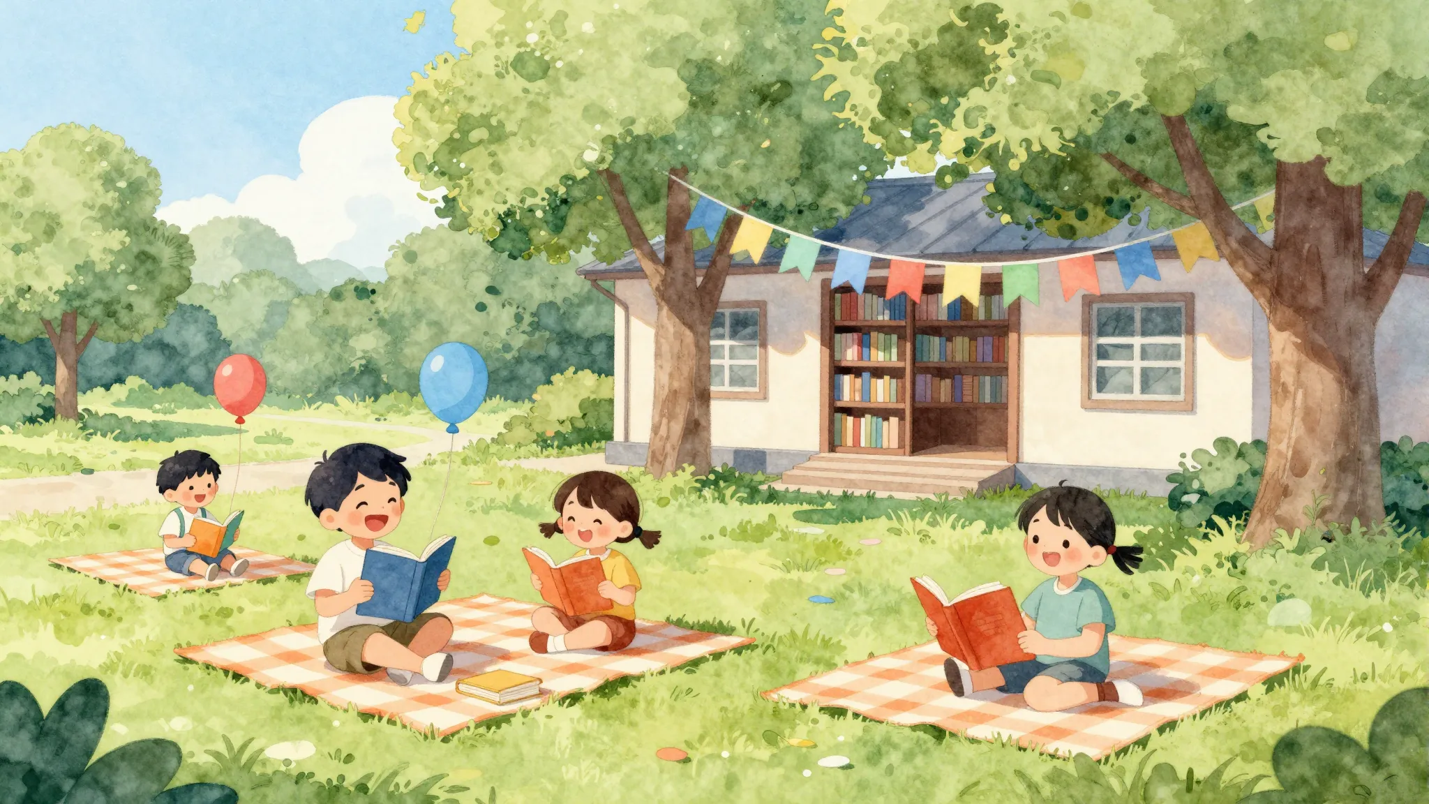 Watercolor style. A cheerful, sunny day in a park next to a ...